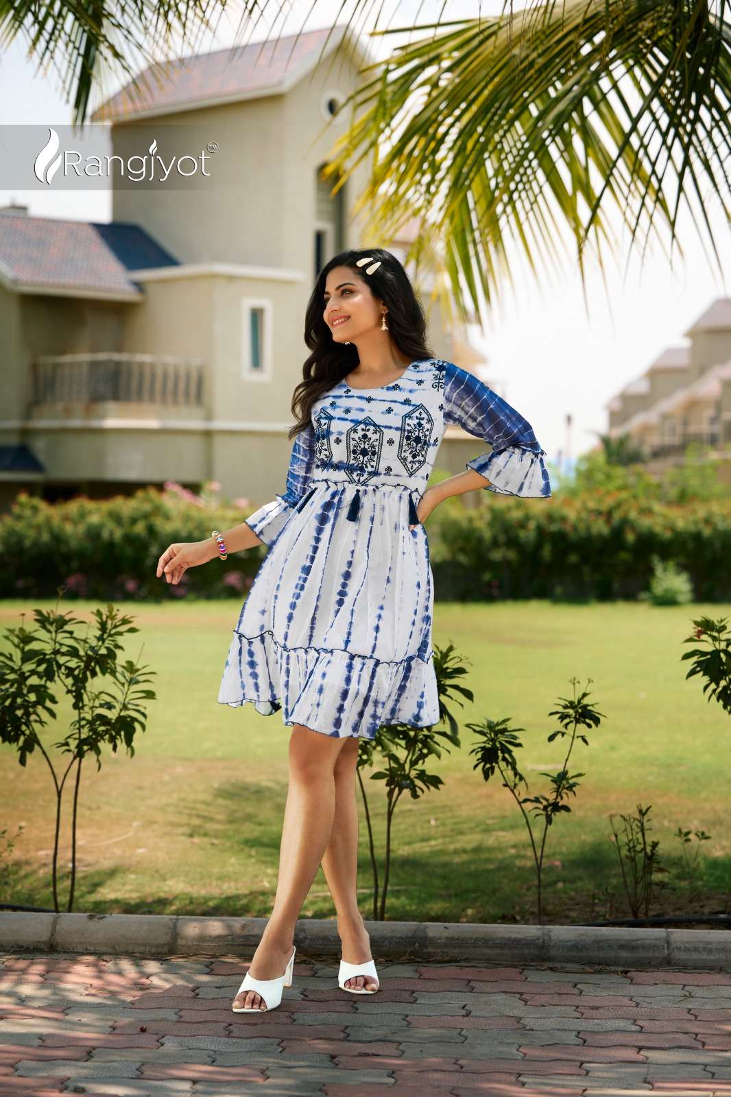 RICHGIRL MULL COTTON SEQUENCE, EMBROIDERY AND HANDWORK FANCY TUNICS WITH SHADES OF SHIBORI PRINT BY RANGJYOT BRAND 1003
